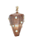 Brown cone shell pendant with mother of pearl cabochons in gold setting