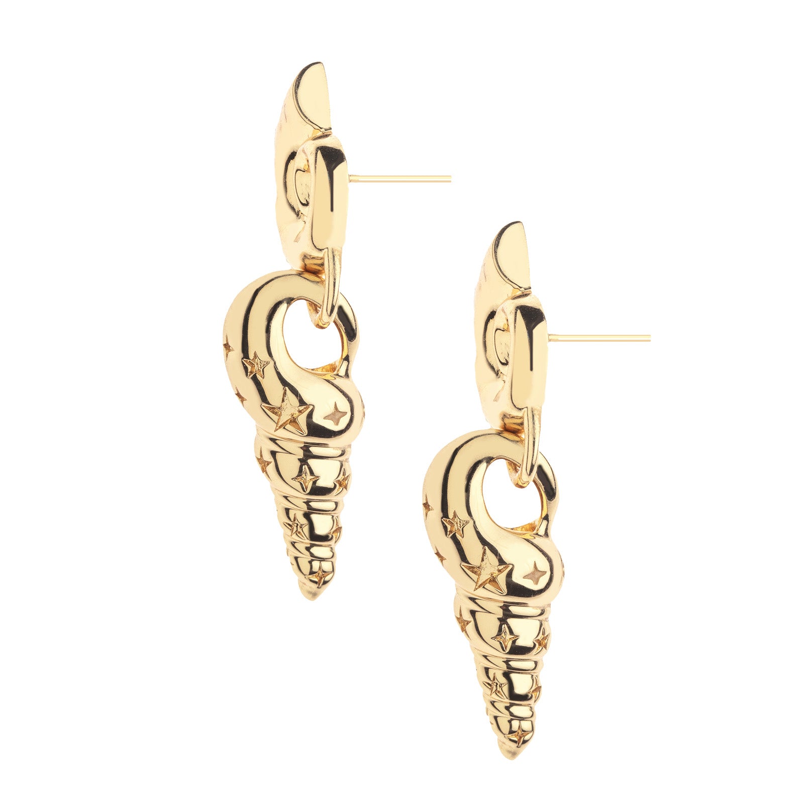 Side view of gold seashell drops