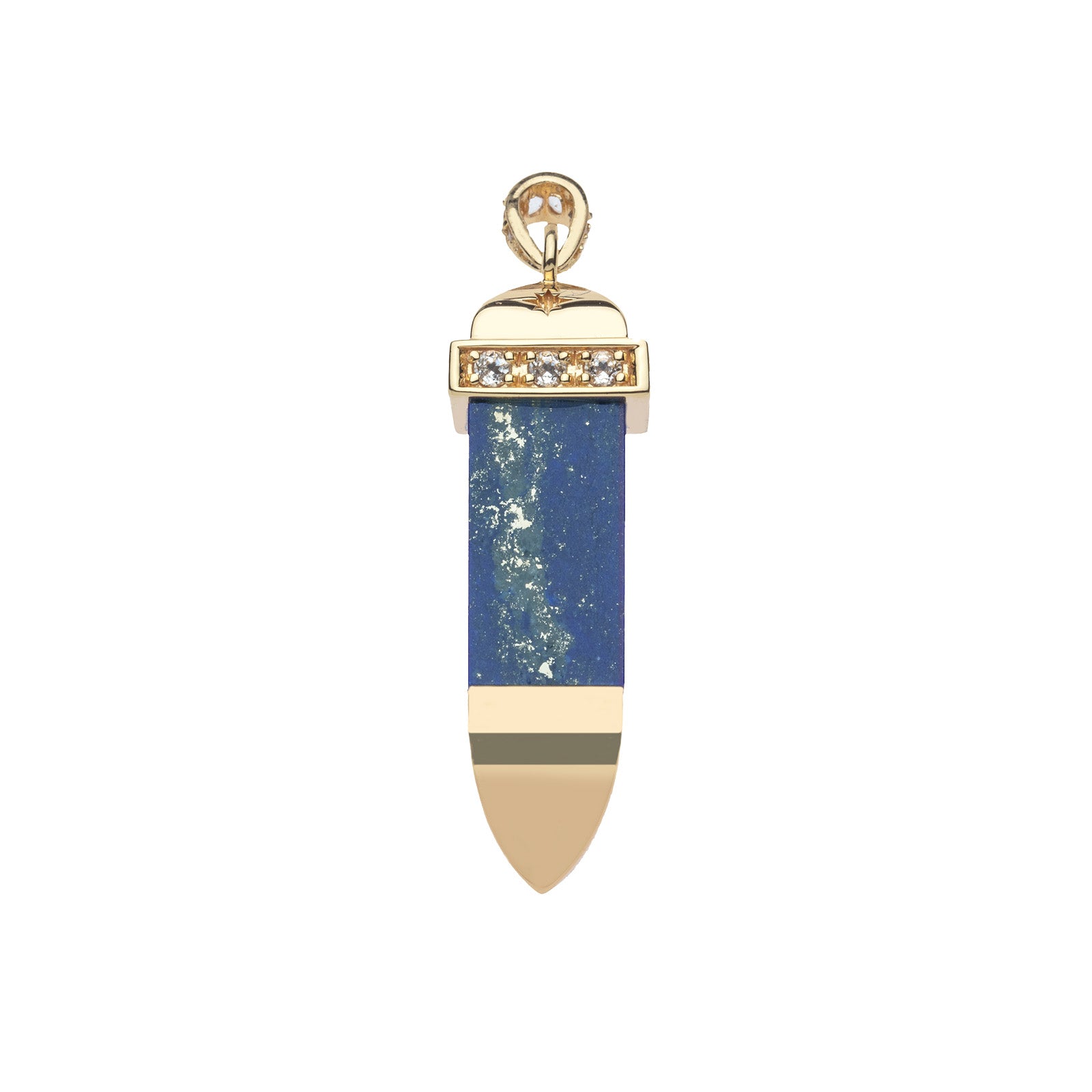 Lapis sun ray pendant features a gold cap and base with white topaz embellishments on the cap and bail (side view)