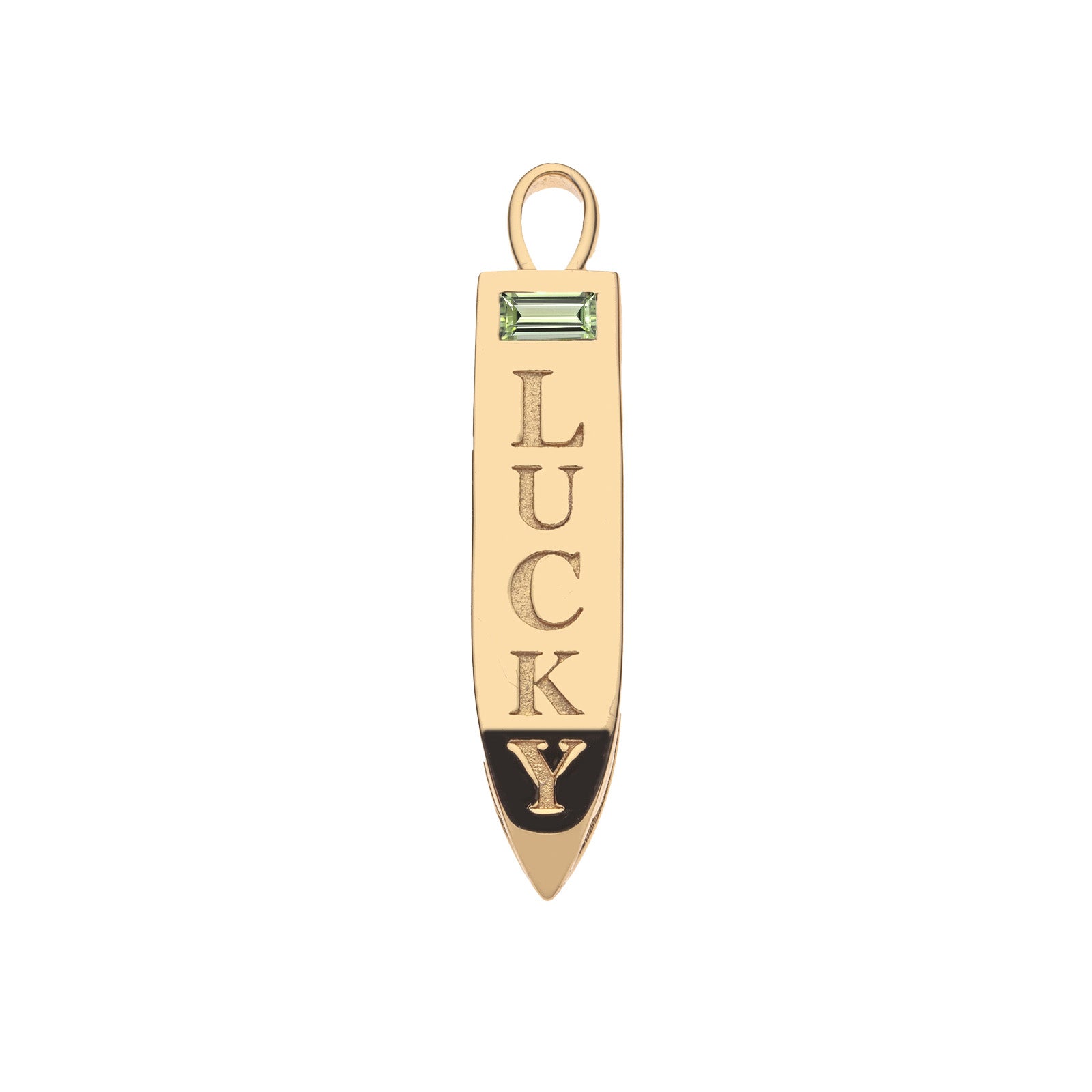Gold Lucky sun ray pendant features green peridot stone and the word LUCKY