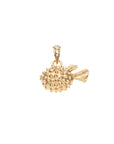 Gold pufferfish pendant featuring white topaz eyes and white topaz details on the bail