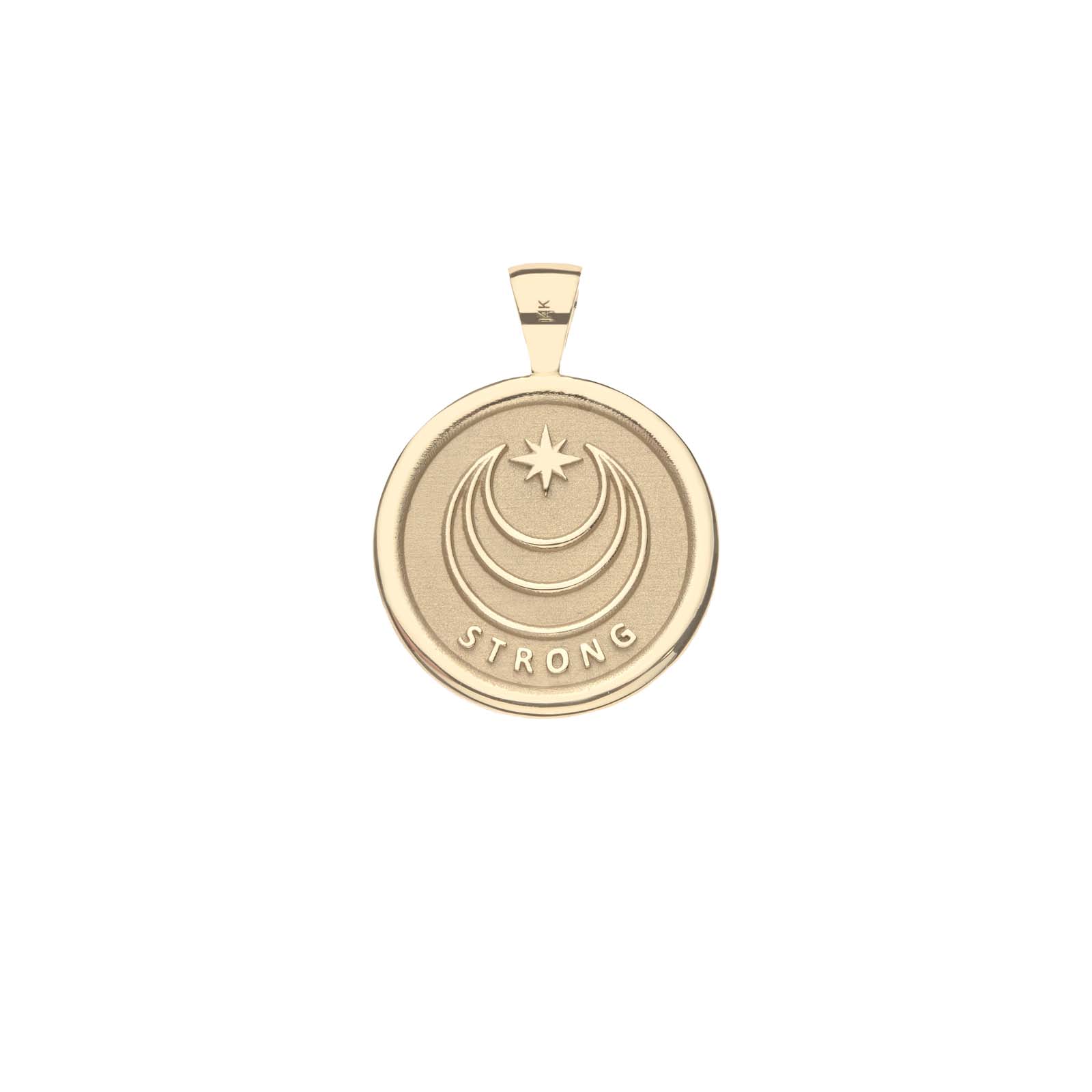 Back of gold sun coin pendant features moon and star logo and the word STRONG