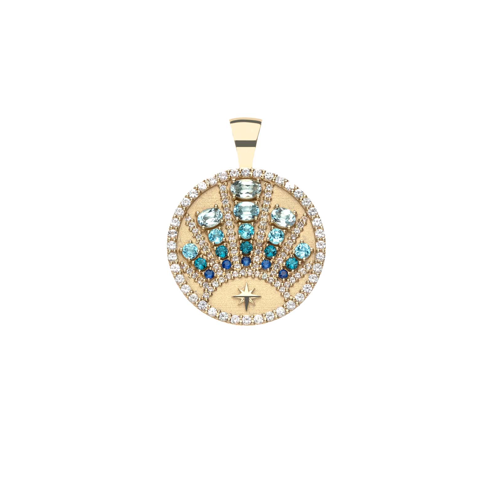 Gold embellished sun coin pendant featuring aquamarine, topaz, and sapphire stones with white sapphire border