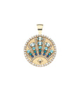 Gold embellished sun coin pendant featuring aquamarine, topaz, and sapphire stones with white sapphire border