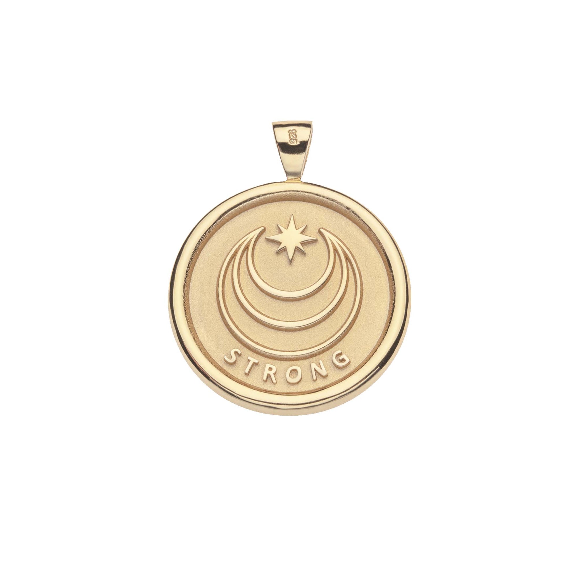 Gold Coin Pendant with Jane Win moon and star logo and word STRONG underneath
