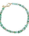 Beaded necklace features seaglass-inspired mix of Labradorite, Aquamarine, Rut Quartz, Green Strawberry Quartz, and Green Aventurine with gold beads mixed in and gold lobster clasp