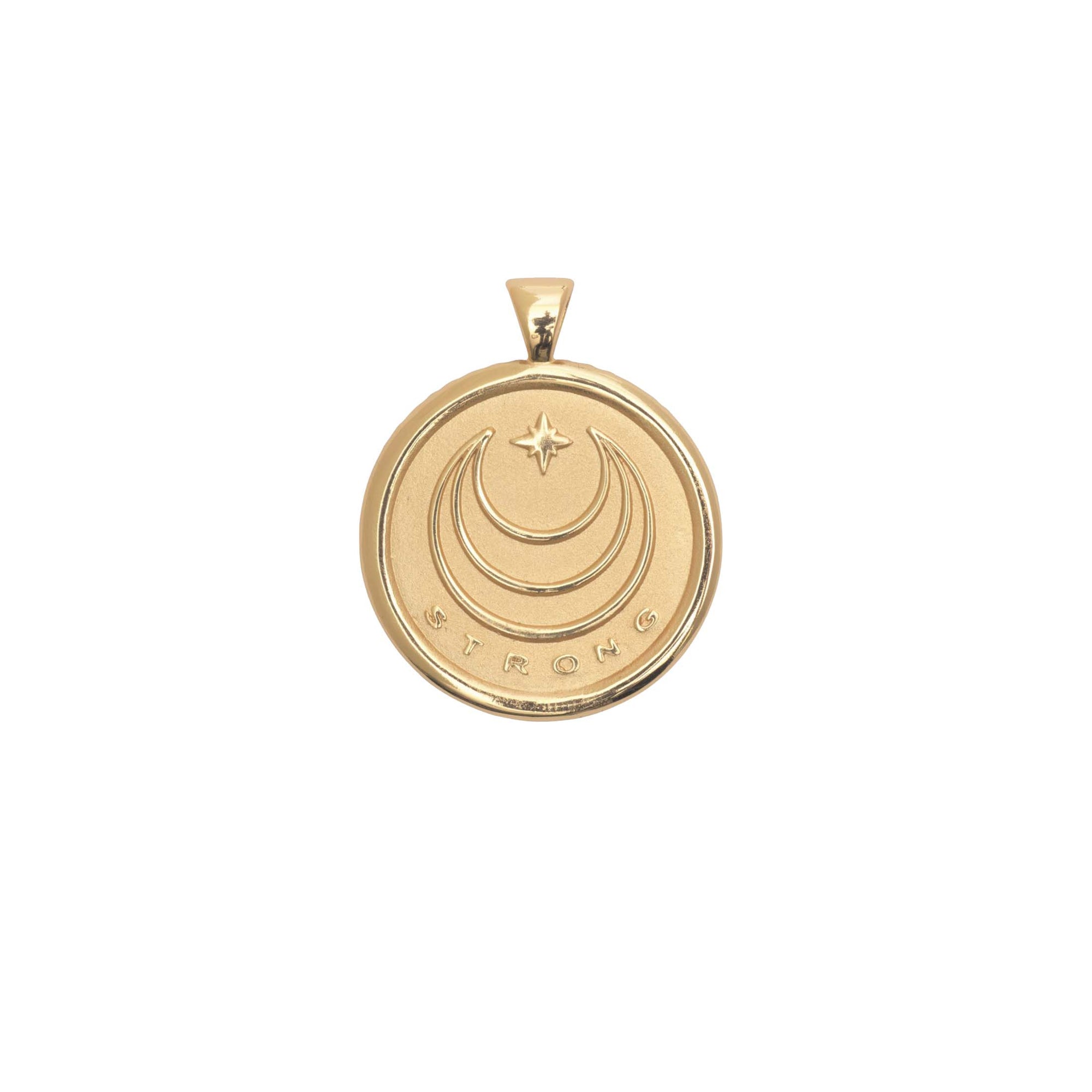 Gold Coin Pendant with Jane Win moon and star logo and word Strong