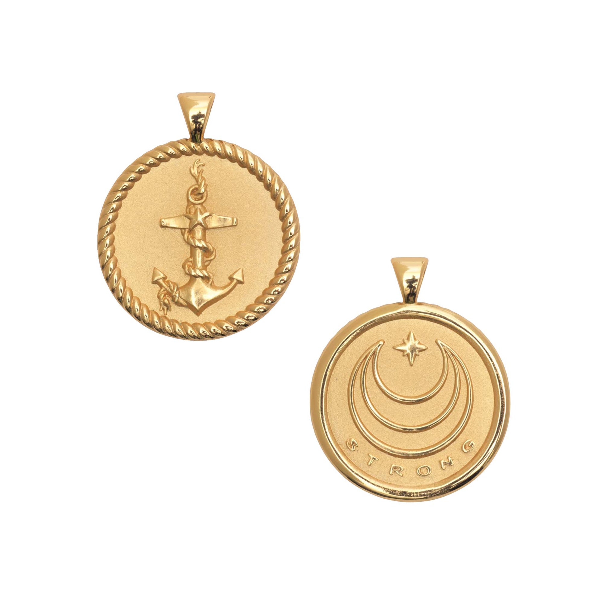 Gold Small Coin Pendant with Anchor, rope, and hidden starfish illustrations (front) and Gold Coin Pendant with Jane Win moon and star logo and word Strong (back)