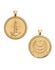 Gold Small Coin Pendant with Anchor, rope, and hidden starfish illustrations (front) and Gold Coin Pendant with Jane Win moon and star logo and word Strong (back)