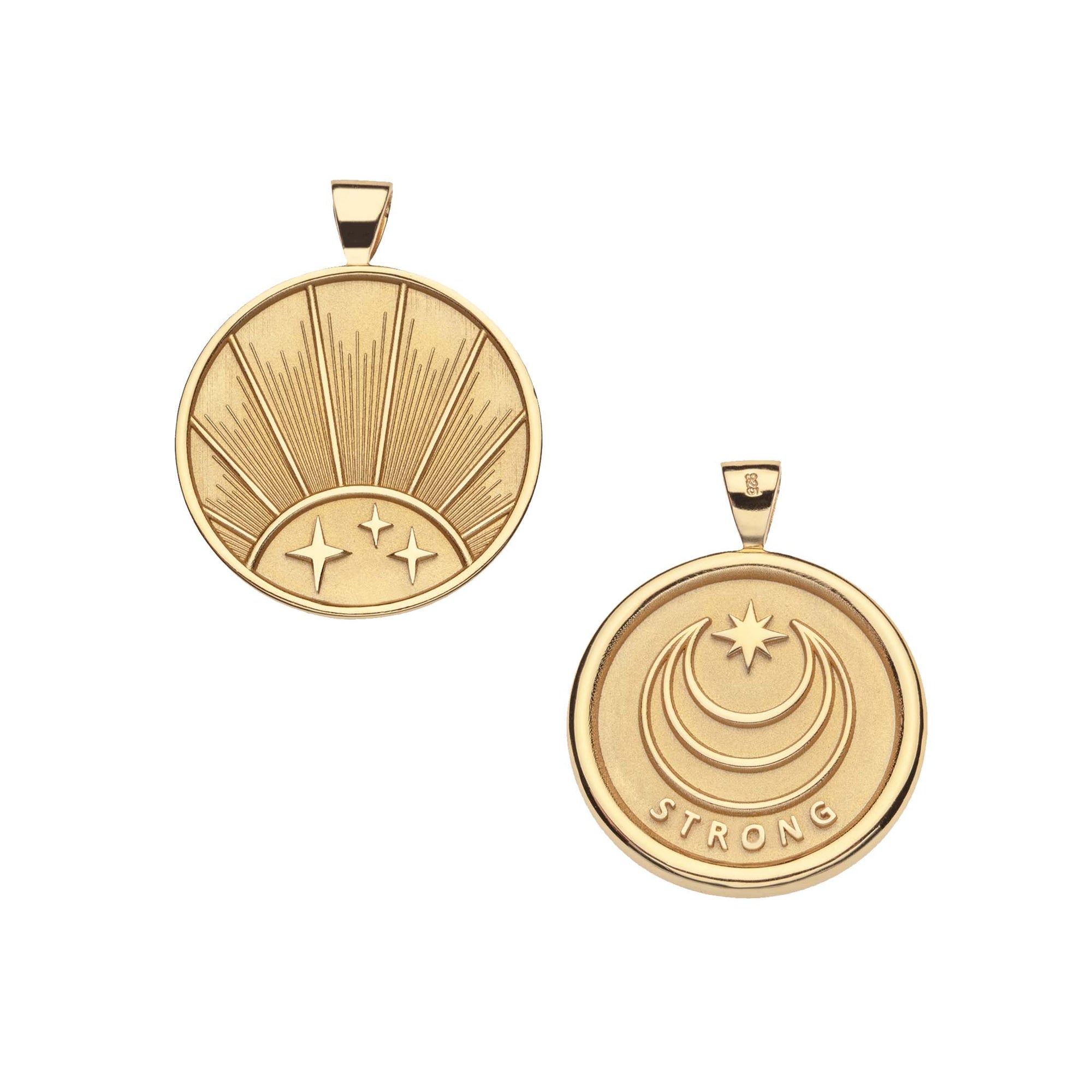 Gold Small Coin Pendant with three stars and a Rising Sun Illustration (front). Gold Coin Pendant with Jane Win moon and star logo and word STRONG underneath (back)