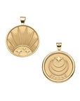 Gold Small Coin Pendant with three stars and a Rising Sun Illustration (front). Gold Coin Pendant with Jane Win moon and star logo and word STRONG underneath (back)