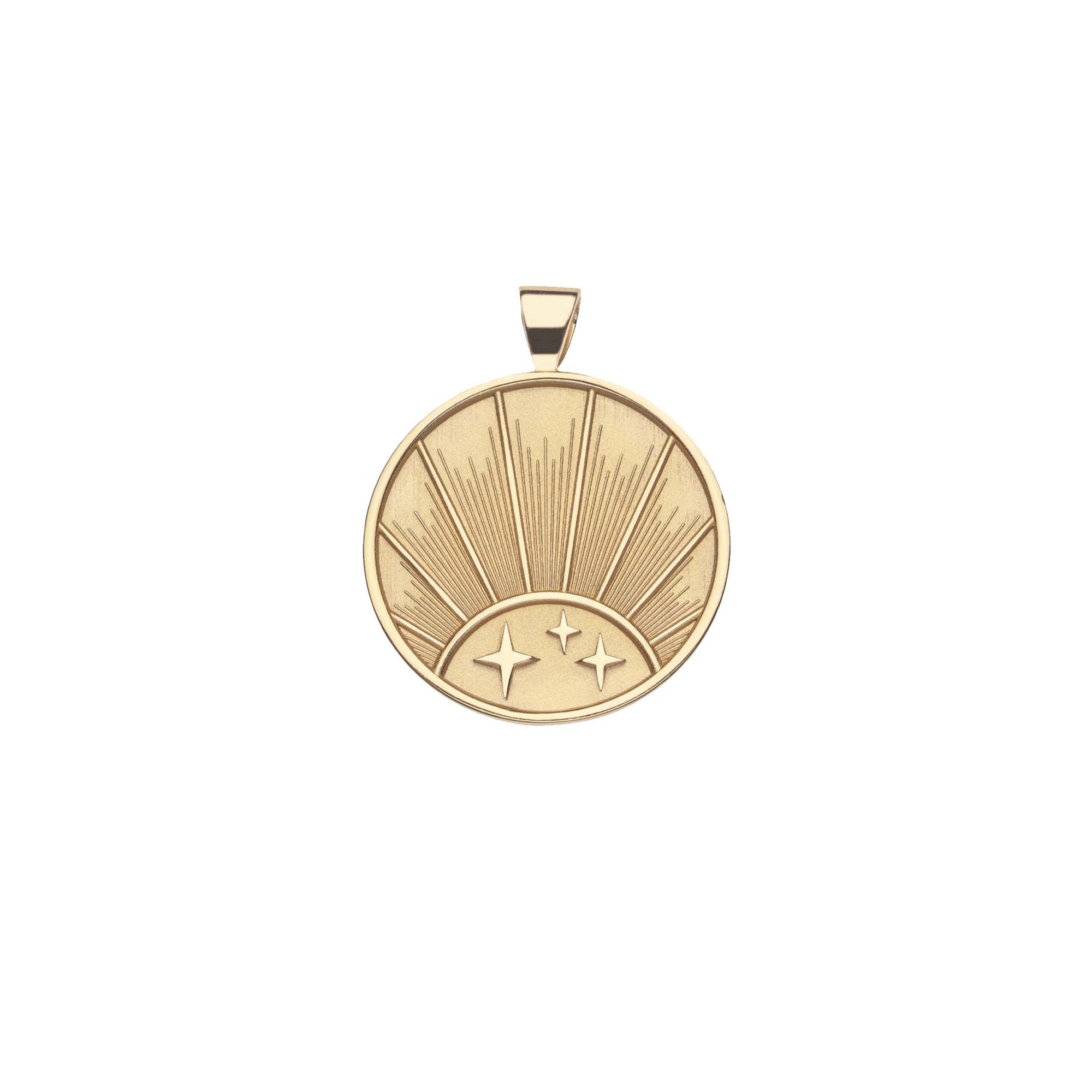 Gold Coin Pendant with three stars and a Rising Sun Illustration