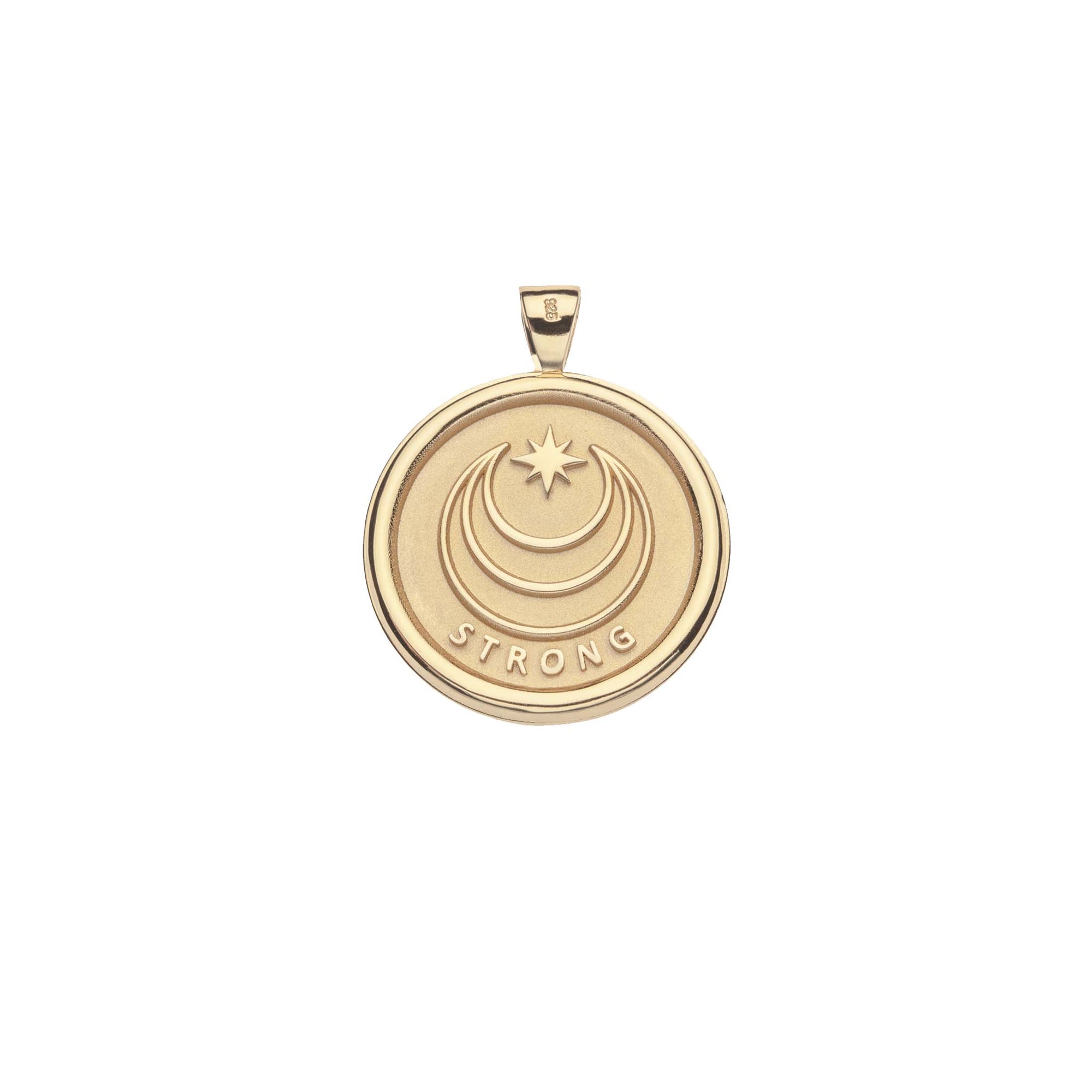 Gold Coin Pendant with Jane Win moon and star logo and word STRONG underneath