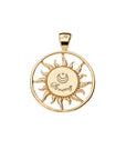 Back of gold cutout sun coin pendant features moon and star logo and the word STRONG