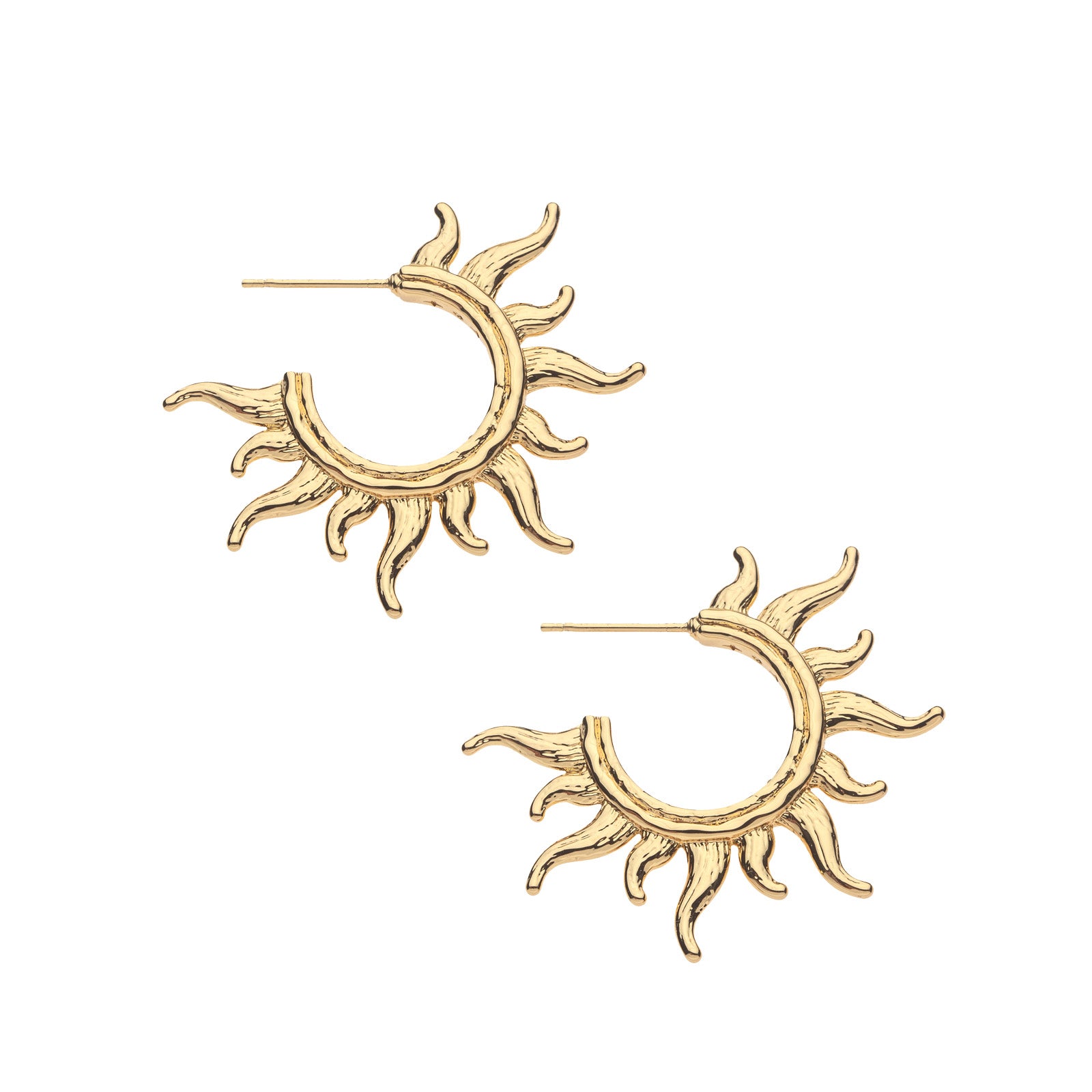 Gold hoop earrings featuring textured sun rays radiating from the hoops