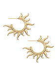 Gold hoop earrings featuring textured sun rays radiating from the hoops