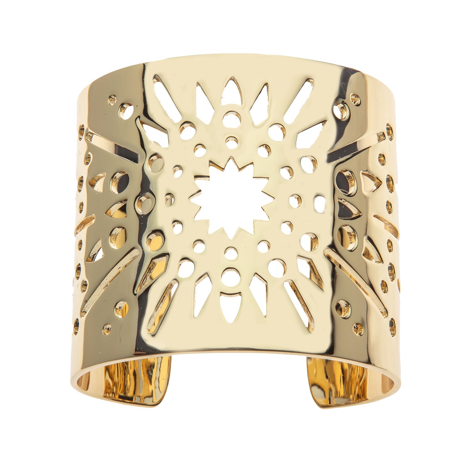 Gold cuff bracelet featuring cutout star burst design
