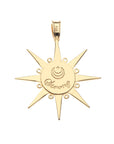 Back of gold supernova pendant features moon and star logo and the word STRONG