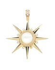 Gold supernova pendant features mother of pearl center, rainbow moonstone accents, and white topaz details of the bail