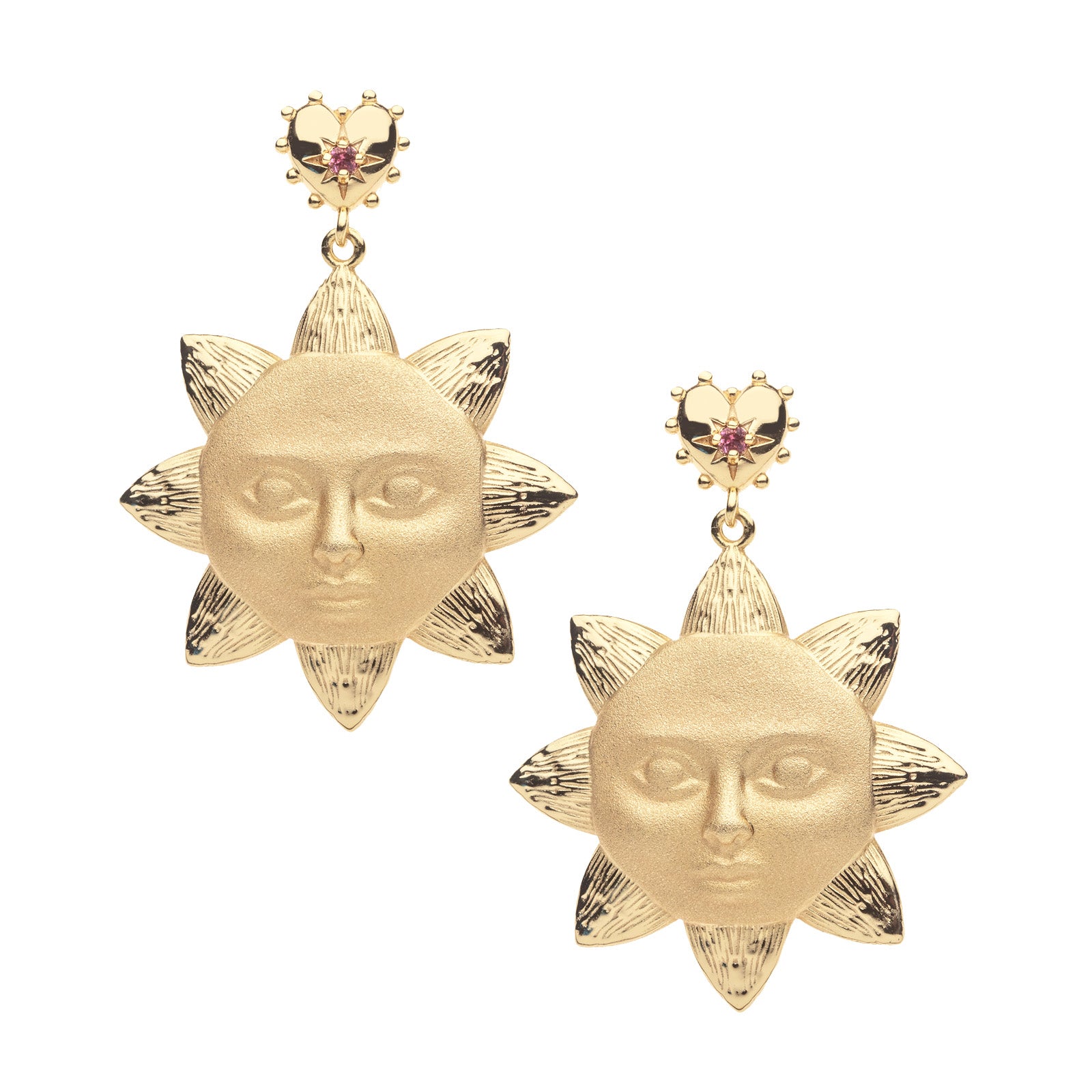 Gold drop earrings featuring heart stud with pink tourmaline detail and large sun face drop