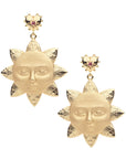 Gold drop earrings featuring heart stud with pink tourmaline detail and large sun face drop