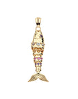 Gold fish pendant with White Topaz, Yellow Citrine, Pink Tourmaline, and Amethyst Stone accents