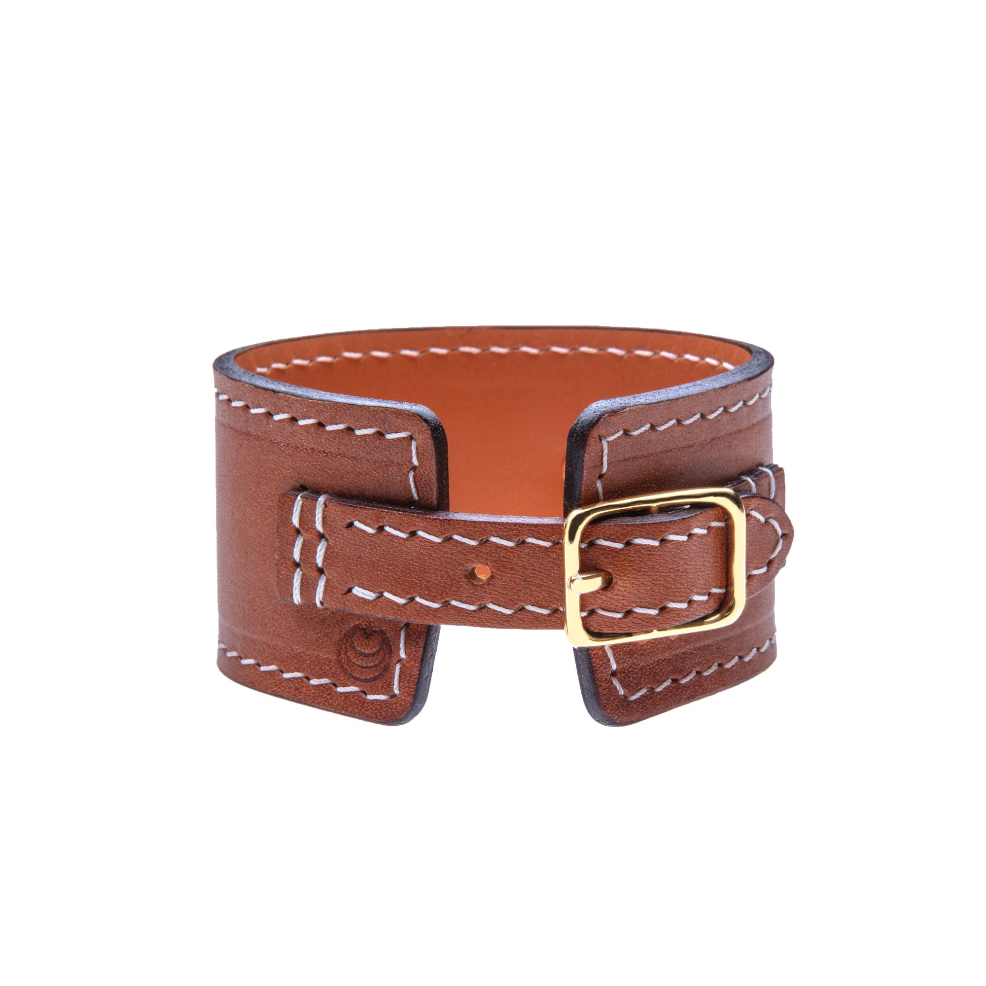 Back view of brown leather cuff bracelet shows adjustable buckle closure