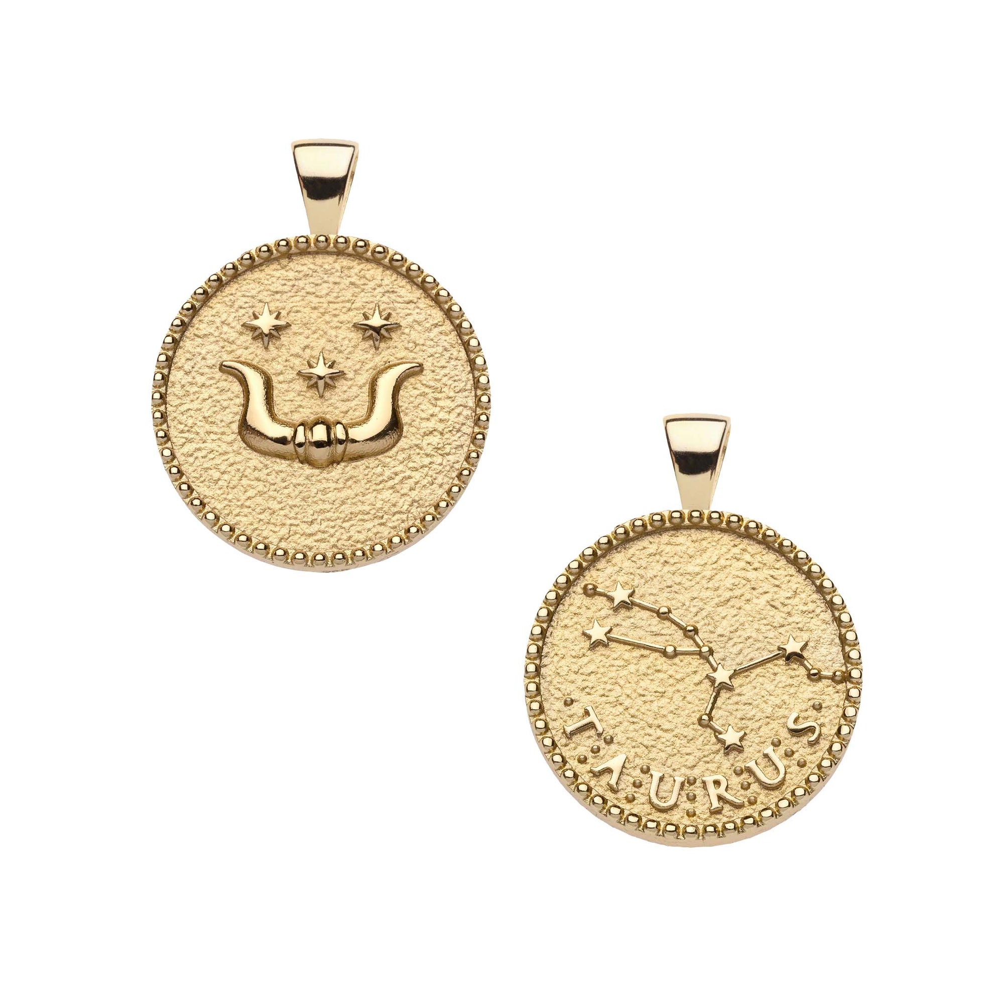Gold small Taurus coin pendant with bull horns and star details on one side and Taurus constellation with "Taurus" written underneath on the other side