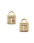 Front of letter T lock pendant with pink tourmaline detail and back also features letter T