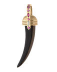 Tiger's eue tusk with gold cap that features pink tourmaline, pink sapphire, and white sapphire stones