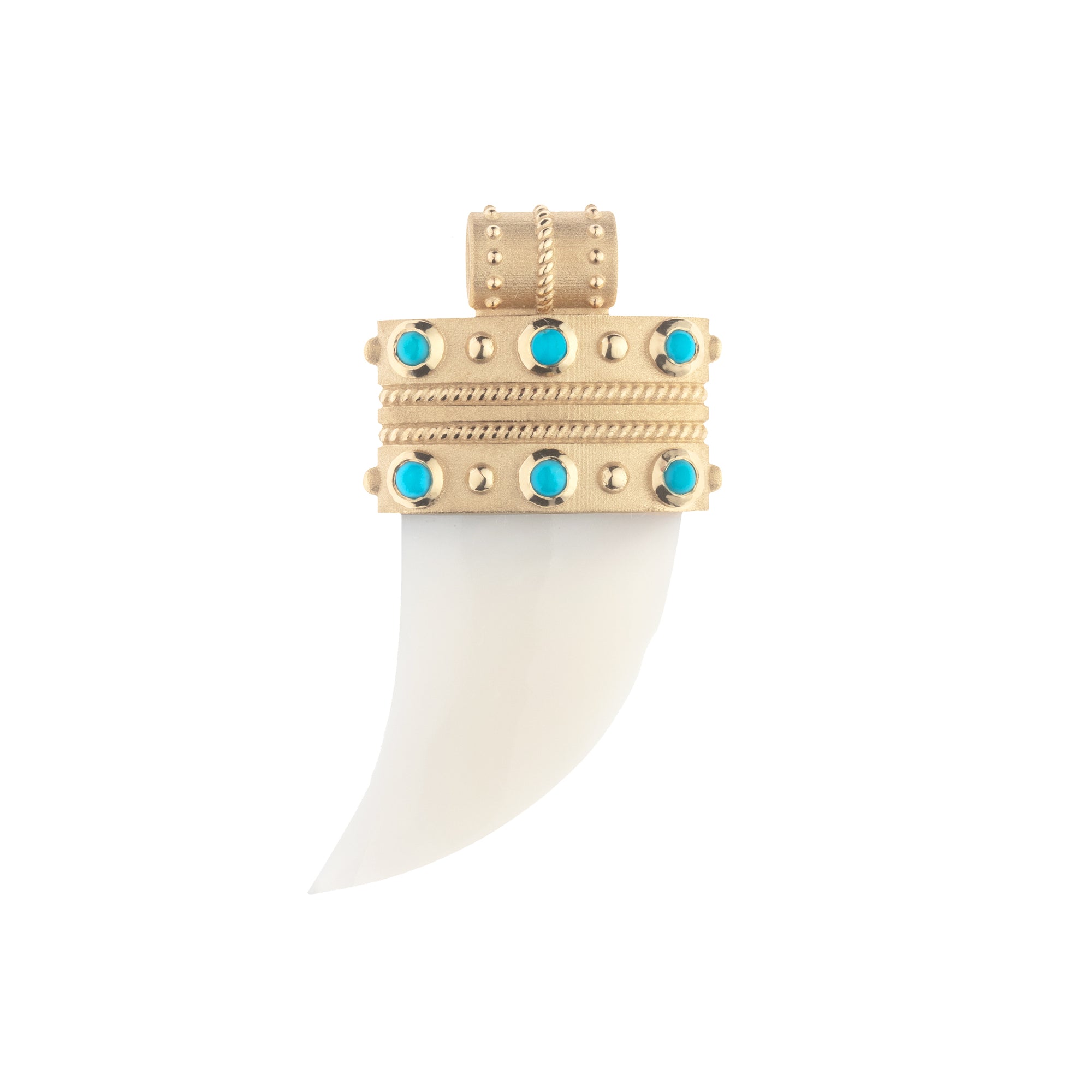 Mother of pearl tusk pendant featuring a gold cap with turquoise stone details