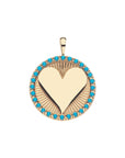 Front of gold heart coin with turquoise edge detail