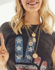 Gold Coin Necklaces Layered on Model