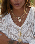 Gold layered necklaces on model