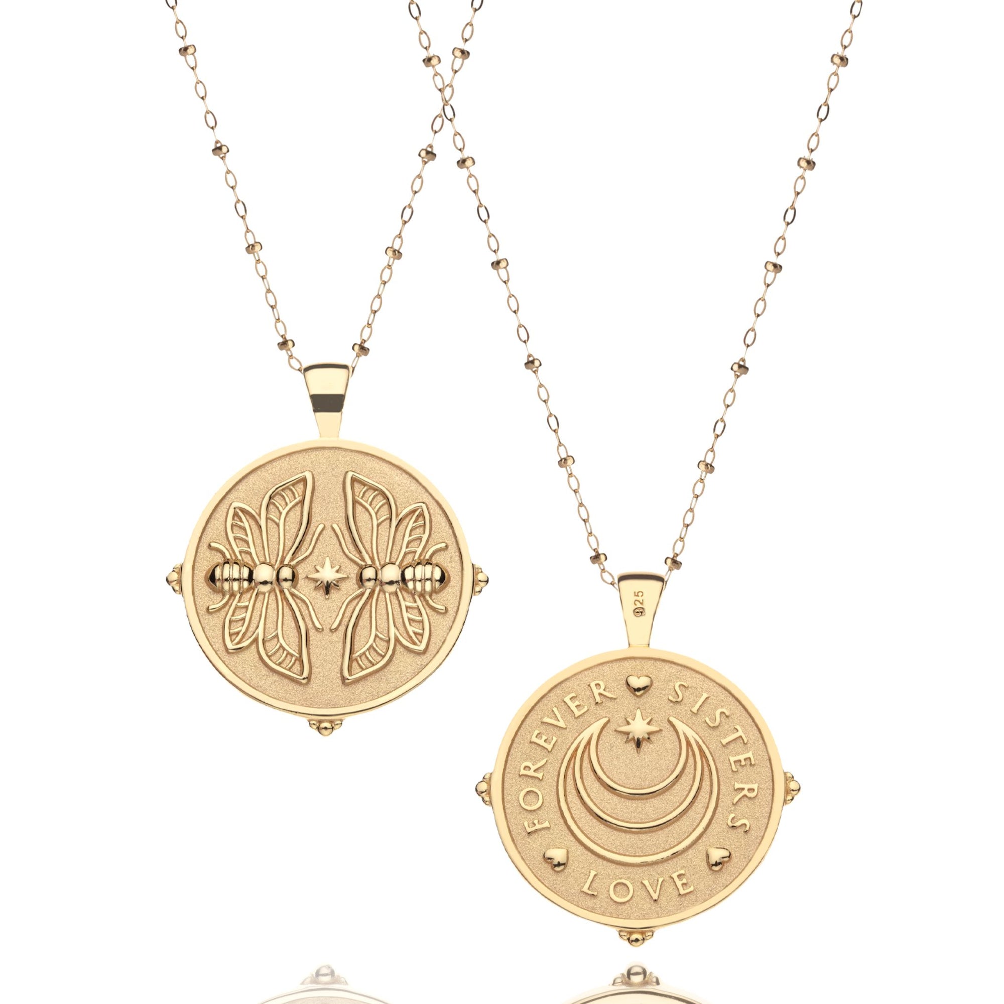Gold Coin Pendant with Twin Bees (front) and Jane Win moon and star logo and words FOREVER, SISTERS, LOVE with hearts separating each word underneath (back) on satellite chains