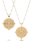 Gold Coin Pendant with Twin Bees (front) and Jane Win moon and star logo and words FOREVER, SISTERS, LOVE with hearts separating each word underneath (back) on satellite chains