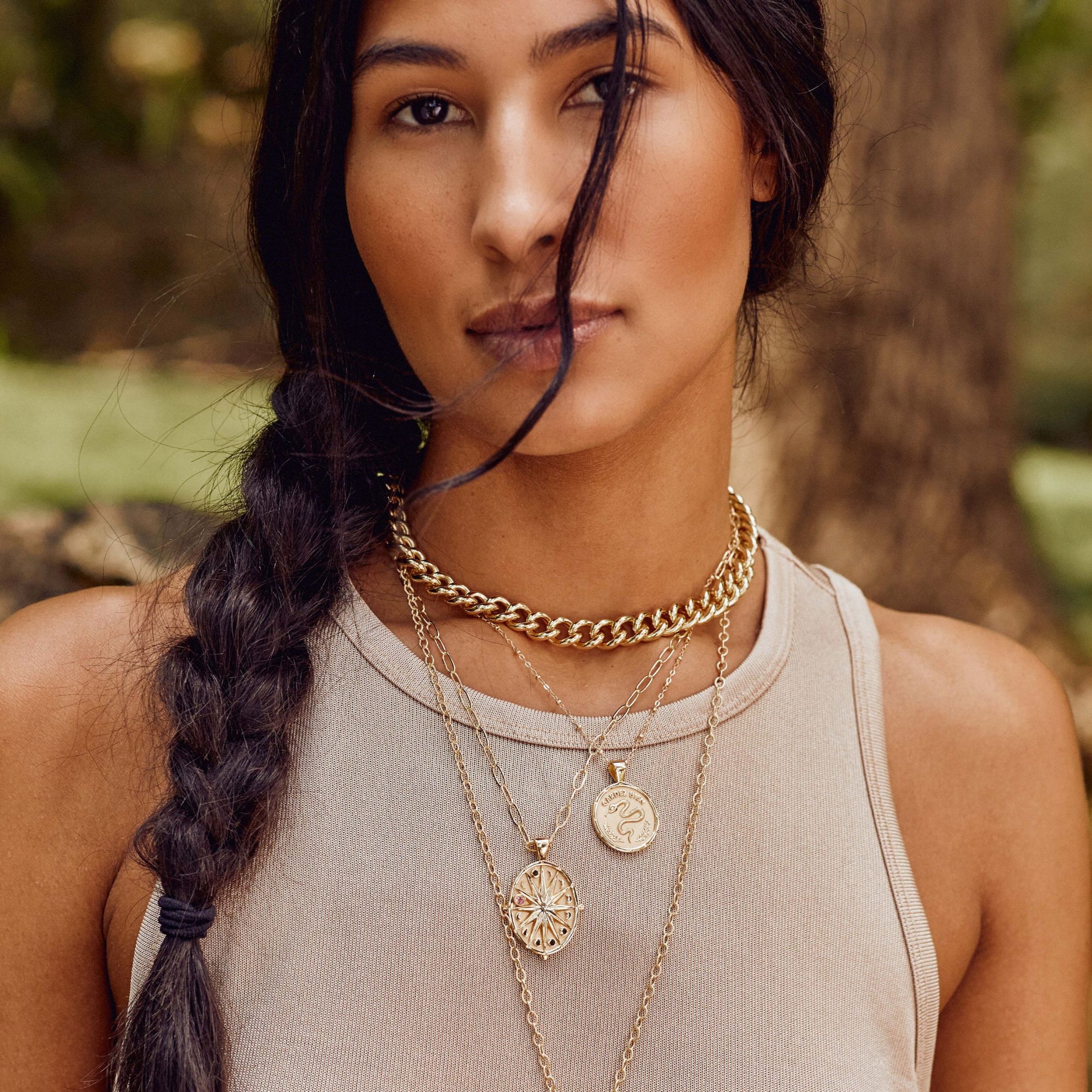 Gold Coin Necklaces Layered on Model