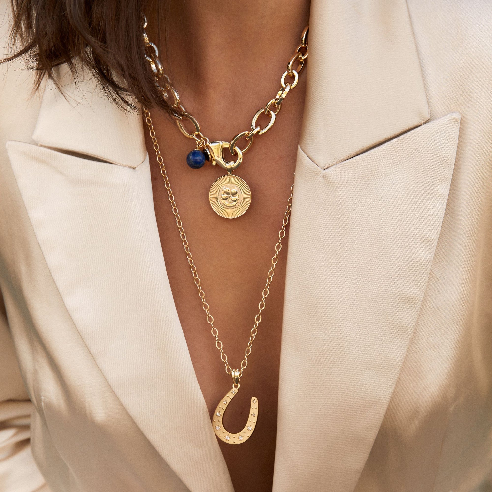 Gold Coin Necklaces Layered on Model
