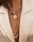 Gold Coin Necklaces Layered on Model