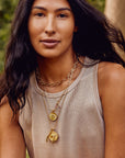 Gold Coin Necklaces Layered on Model