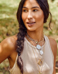 Silver and Gold Coin Necklaces Layered on Model