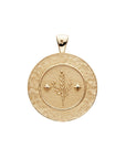Gold original Virgo coin pendant features a textured border with stem of leaves in the center with two stars