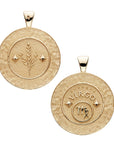 Gold original Virgo coin pendant features a textured border with stem of leaves in the center with two stars on one side and the Virgo symbol with "Virgo" written above it on the other side