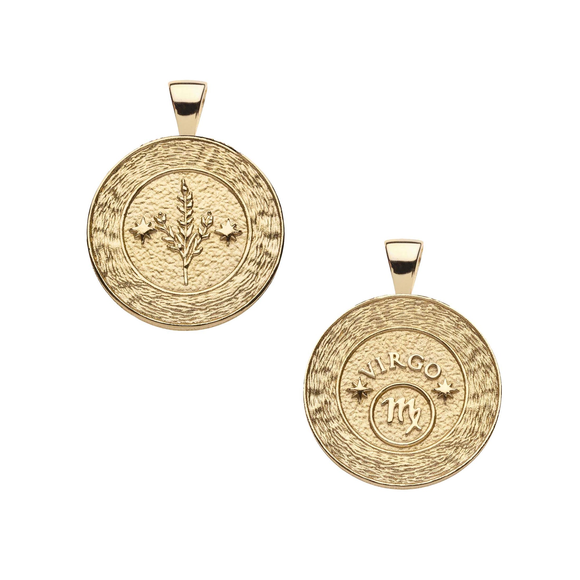 Gold small Virgo coin pendant features a textured border with stem of leaves in the center with two stars on one side and the Virgo symbol with "Virgo" written above it on the other side