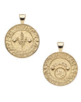 Gold small Virgo coin pendant features a textured border with stem of leaves in the center with two stars on one side and the Virgo symbol with "Virgo" written above it on the other side