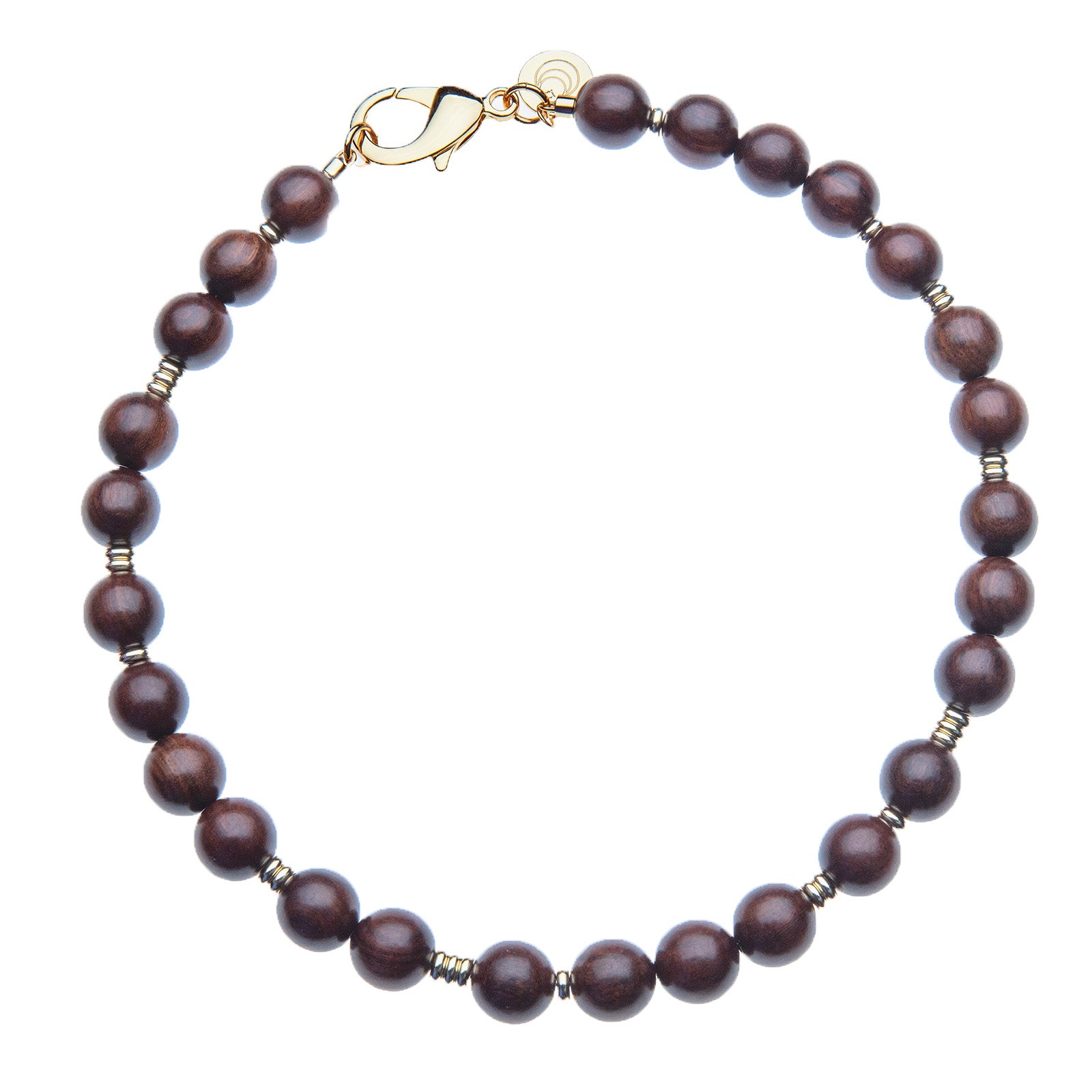 Wood beaded necklace with gold accents and oversized gold lobster clasp