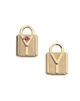 Front of letter Y lock pendant with pink tourmaline detail and back also features letter Y