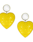 Gold heart drop earrings with mother of pearl top stud and large yellow agate heart drops featuring carved flowers