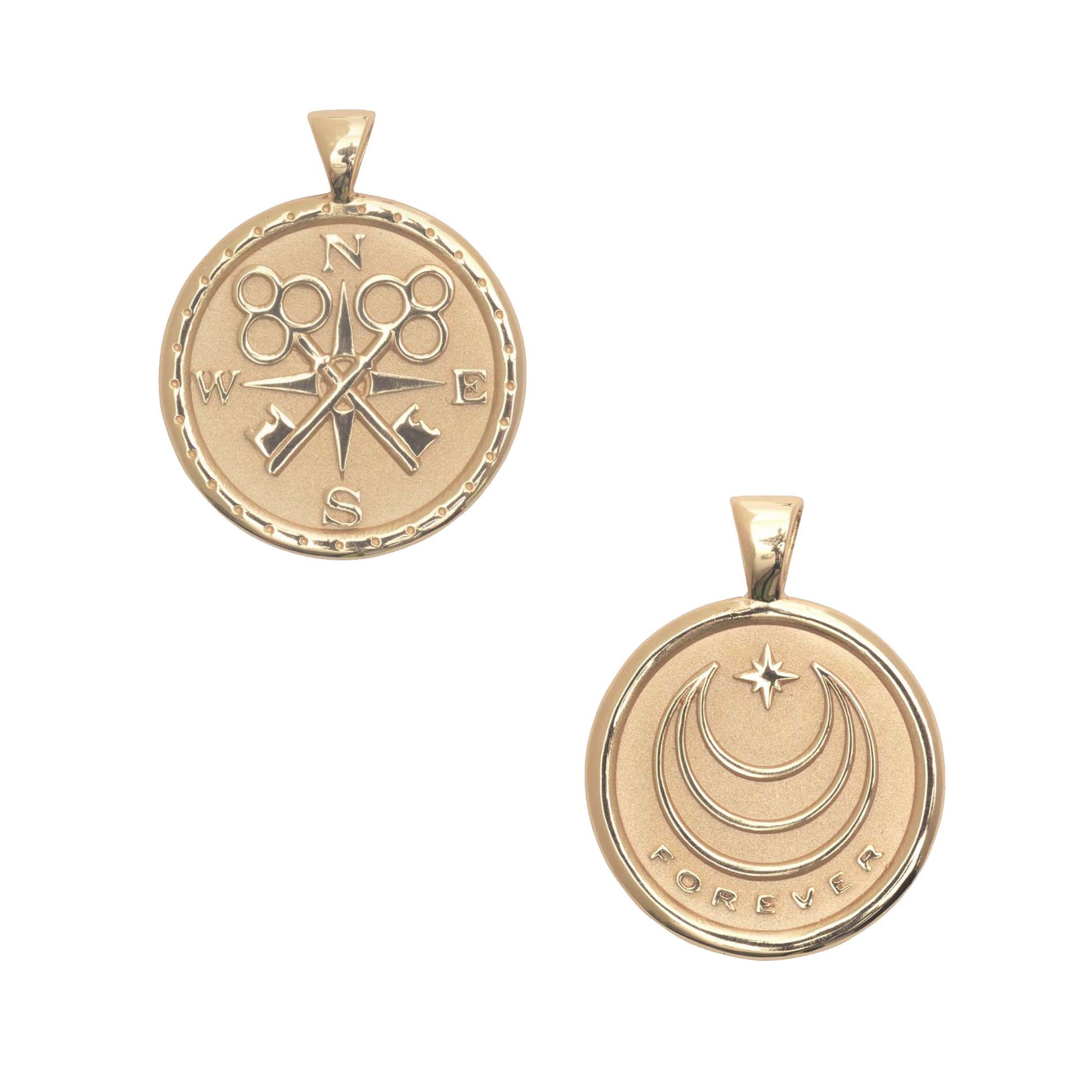 Gold Coin Pendant with Compass and Key Design (front) and moon and star logo with FOREVER underneath (back)