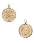 Gold Coin Pendant with Compass and Key Design (front) and moon and star logo with FOREVER underneath (back)